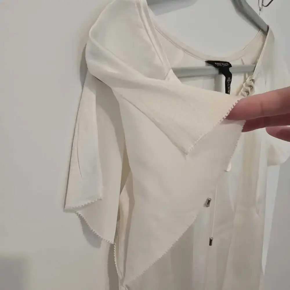 WHMB Silk Stretch Ivory Tie-Neck Peasant Top Size M Boho Romantic Feminine - Picture 3 of 6